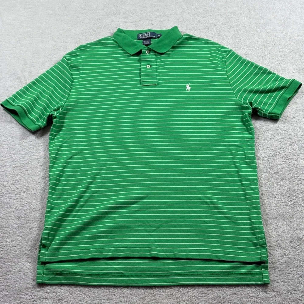 Polo Ralph Lauren Mens Green White Striped Short Sleeve Pique Polo Shirt Size M